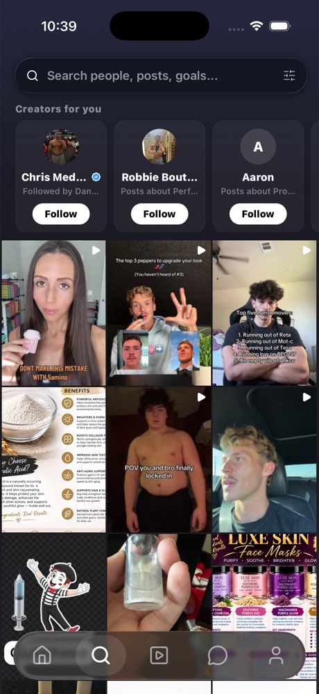 PEP Social search screen with suggested creators and a grid of community posts and clips