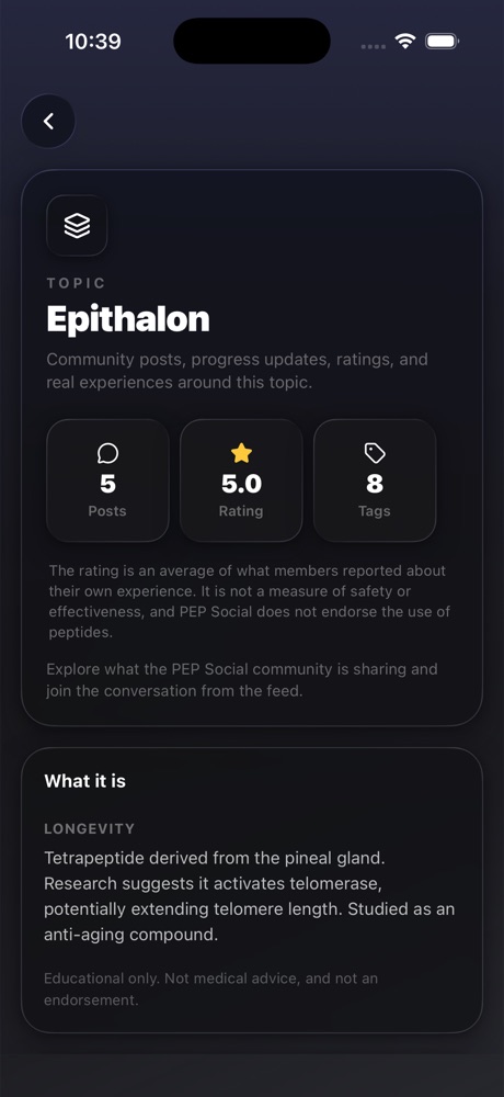 A PEP Social topic page showing post count, average rating, tags, and a description of the compound